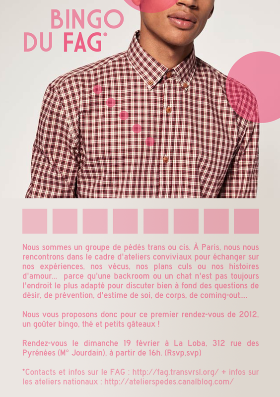 Flyer du bingo, même texte que celui écrit précédemment. En illustration, la photo d'un jeune homme à la peau marron clair et en chemise à petit carreaux rouges, boutonnée jusqu'au col. La photo est cadrée au niveau du nez et des coudes.