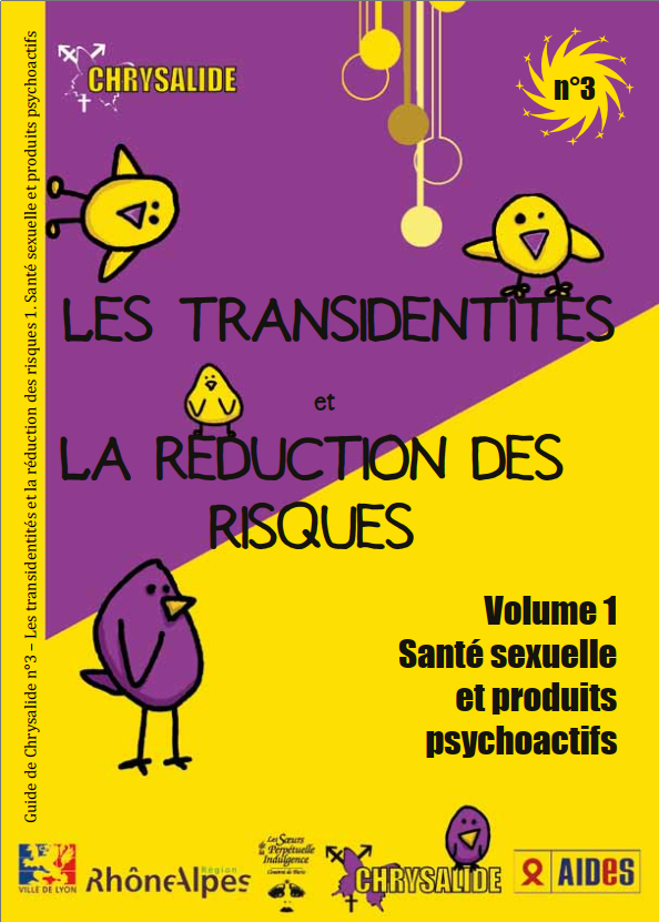 Couverture de la brochure de l'asso Chrysalide, elle est violette et jaune avec des dessins minimalistes de poussins, et tous les logos des financeurs tout en bas. 