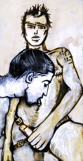 Dessin dans un style brut/craies. Un garçon trans se tient face à nous, nous regarde, nu, un tatouage sur l'épaule gauche, portant harnais et gode. Un autre garçon dont on ne voit que la tête de profil lui lèche le ventre, yeux fermés.